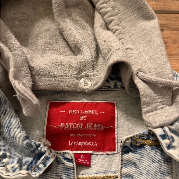 Red Label By Patrol Jeans Size Small Wash Denim Jacket Gray Hood & Sleeves Y2K - Picture 6 of 11